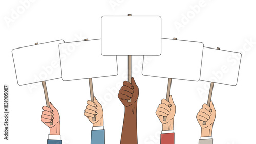 Diverse hands holding blank signs in protest rally offering space for your message and creating powerful social impact