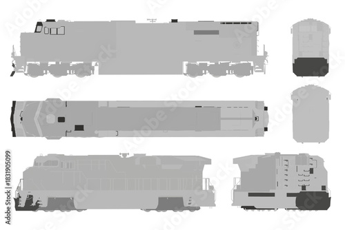 Detailed blueprint of a diesel locomotive on a clean white background, featuring a technical drawing of the engine with visible internal components and mechanical parts.