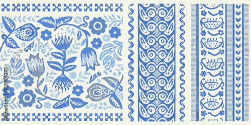Ai,jpg and eps | a blue and white textile pattern featuring floral motifs and geometric border designs in a repeating style | editable vectors