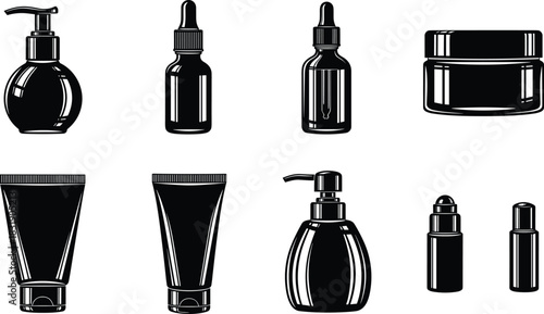 Set of Black and White Cosmetics Packaging Silhouettes: Lotion Pump Bottles, Dropper Serum Vials, Cream Jars, and Tubes, Vector Illustration Collection for Beauty Products Design