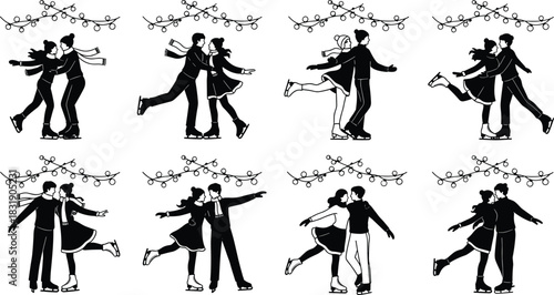Set of Black and White Ice Skating Couple Silhouettes Under String Lights, Romantic Winter Sports Vector Illustration Collection for Holiday, Love, and Festive Season Design