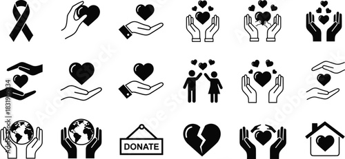 Set of Black Charity and Donation Icons: Hands Holding Hearts, Earth, Awareness Ribbon, Broken Heart, Donate Sign, and Shelter, Vector Illustration Collection for Non-Profit Design
