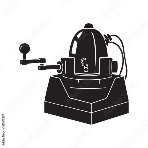 Silhouette illustration of a vintage, mechanical device with a handle and wires.