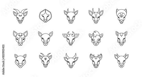 A large collection of various animal head icons in a clean, geometric line art style, including goats, deer, and bulls.