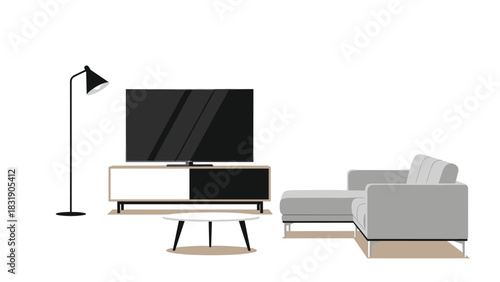 Modern living room interior design for relaxation and entertainment with sofa, television, and floor lamp arrangement
