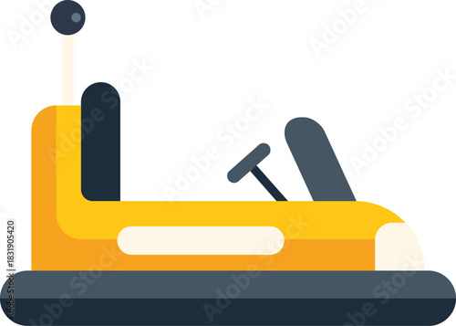Simple, colorful flat style icon of a yellow bumper car with black seats and a black bumper