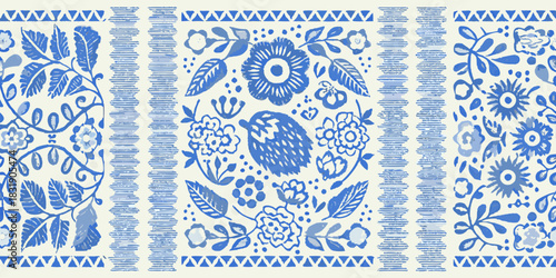Ai,jpg and eps | blue and white floral pattern with bird and geometric borders in a decorative arrangement design | editable vectors