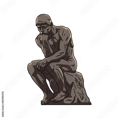 A stylized illustration of Rodin's The Thinker statue, contemplating deeply while seated.