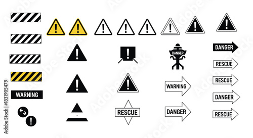 A comprehensive set of various warning, danger, and rescue signs in black, white, and yellow, including triangles and arrows.