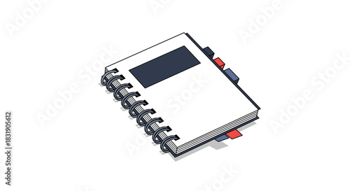 A simple illustration of a closed spiral-bound notebook with colorful tabs, presented in a clean, isometric drawing style.