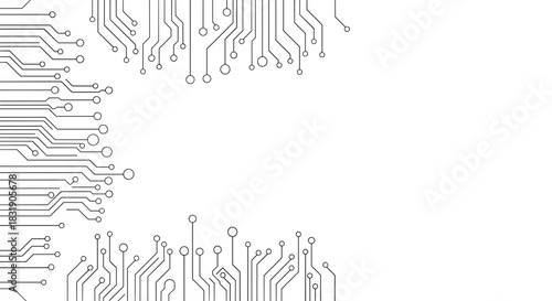 A black and white background of a computer circuit board with lines and dots, creating a frame with central copy space.