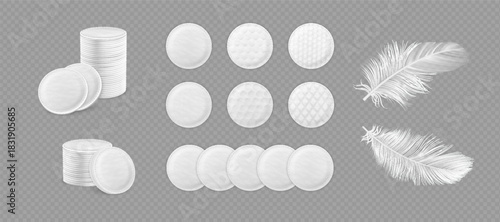 Cosmetic cotton pad disks with feathers, white soft round sponge discs different embossed surface textures vector set