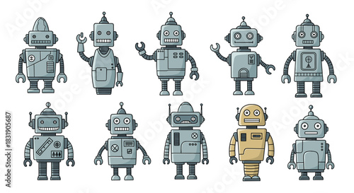 A diverse collection of ten friendly and charming cartoon robots in various retro and futuristic designs on a white background.