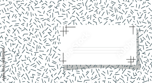 Minimalist 1980s Memphis design background featuring random black dashes and a clean white rectangle with corner marks for text.