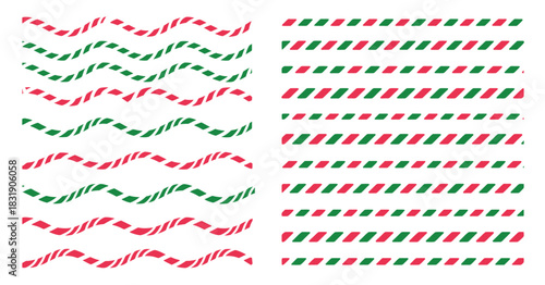 Christmas candy cane line border collection, featuring glossy red and white wavy stripes, festive peppermint motifs, ideal for holiday invitations, winter banners, seasonal illustrations, 