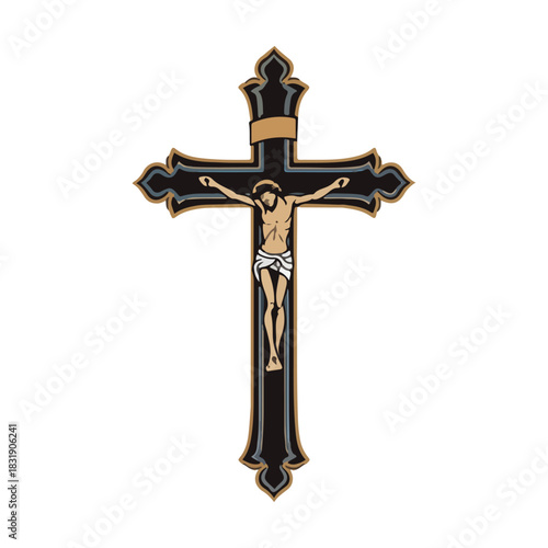 Illustration of Jesus Christ crucified on a decorative black and gold cross against a white background.