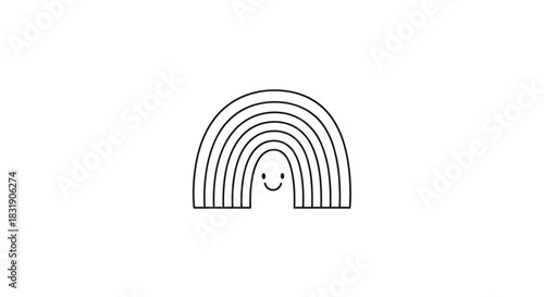 Cute and simple black outline drawing of a smiling rainbow character, hand-drawn in a minimalist doodle style for children.