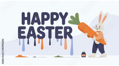 Cute cartoon bunny holding a giant carrot painting happy easter text with dripping paint effect