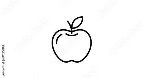 Clean and simple black line art icon of an apple with a single leaf, drawn in a minimalist style on a white background.