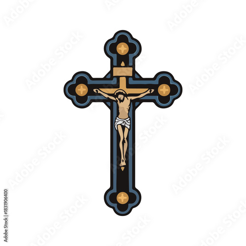 A stylized illustration of a crucifix depicting Jesus Christ on a cross, isolated on white.