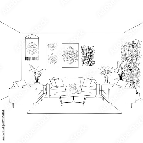 Black and white conceptual interior design sketch featuring a minimalist living room with a refined low-profile sofa and complementary armchairs, a curved edge coffee table placed on a subtle patterne