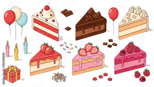 Vibrant vector collection of delightful cake slices, festive party elements, and sweet treats for special celebrations