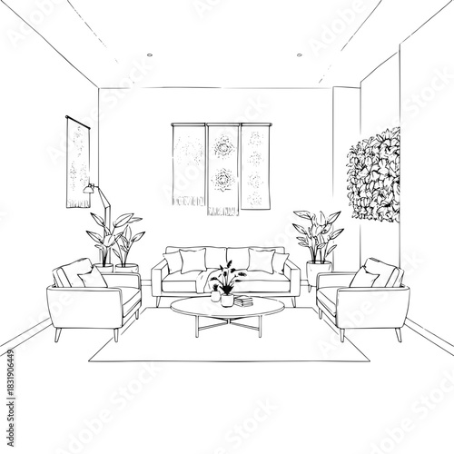 Black and white conceptual interior design sketch featuring a minimalist living room with a refined low-profile sofa and complementary armchairs, a curved edge coffee table placed on a subtle patterne