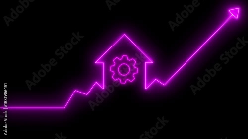Home icon house sign neon lights animation with up arrow setting gear maintenance icon. Neon House, home building animation. Neon home business graph icon animation. 4K video 