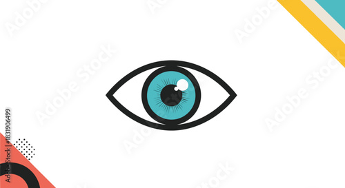 Modern flat design illustration of a human eye with a blue iris, framed by colorful geometric shapes in the corners.