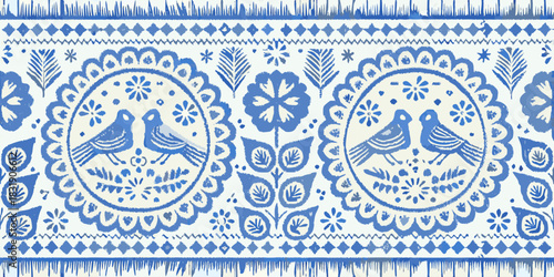 Ai,jpg and eps | blue and white folk art border with birds flowers and geometric patterns in a repeating horizontal design | editable vectors