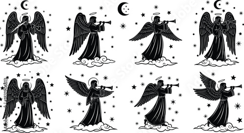 Set of Eight Black Angel Silhouettes with Halo, Wings, and Trumpets, Floating on Clouds Under Stars and Crescent Moon, Vector Illustration Collection for Christmas Nativity Scene
