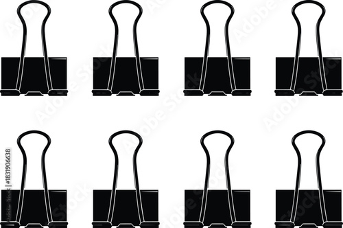 Set of eight black silhouette binder clips for office and stationery supplies, symbolizing organization, secure document fastening, business, and school supplies.