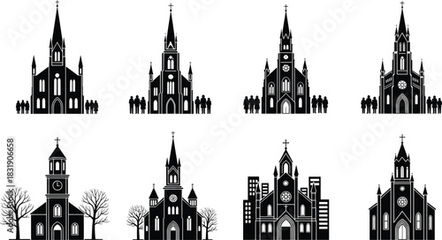 Set of Eight Black Church Building Silhouettes with Steeple and Cross, Including Various Architectural Styles and Congregation Elements, Flat Vector Illustration Collection for Religious Design