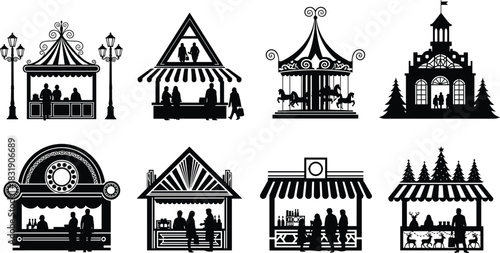 Set of eight black silhouette Christmas market stalls, festive holiday kiosks, and winter fair booths with visitors, illustrating outdoor shopping, seasonal food, and event spaces.
