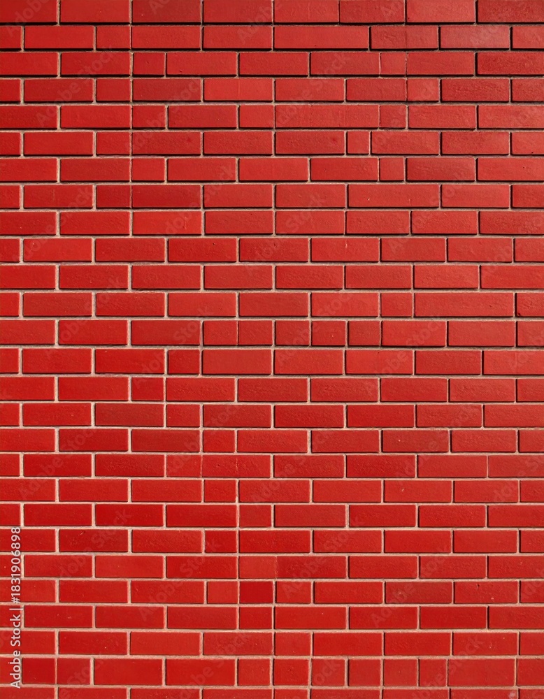 Fototapeta premium The vibrant red brick wall displays a striking pattern of horizontal rows and vertical columns under bright sunlight, creating a visually appealing facade texture.