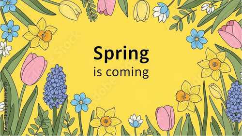 A cheerful border of cartoon spring flowers such as tulips and daffodils on a bright yellow background