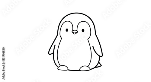 Adorable and simple black outline drawing of a cute baby penguin, perfect for a children's coloring book page or nursery art.