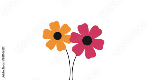 Simple and charming illustration of two flowers, one orange and one pink, with black centers and stems on white background.