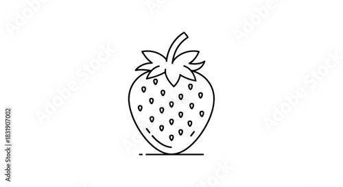 Minimalist black line art icon of a single strawberry fruit with seeds and a leafy top, isolated on a white background.
