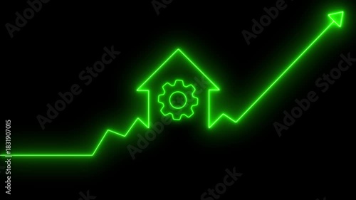 Home icon house sign neon lights animation with up arrow setting gear maintenance icon. Neon House, home building animation. Neon home business graph icon animation. 4K video 