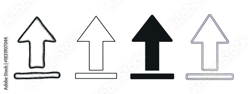 Set of four black upload icons in different styles including hand-drawn sketch, thin outline, solid silhouette, and double line art,
