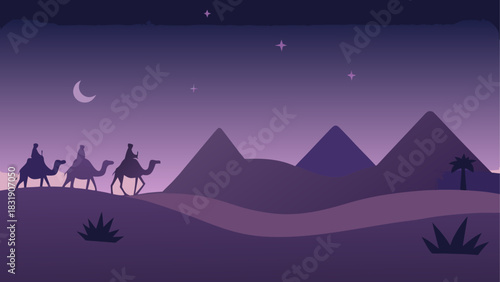 Camels travel at night with pyramids in desert