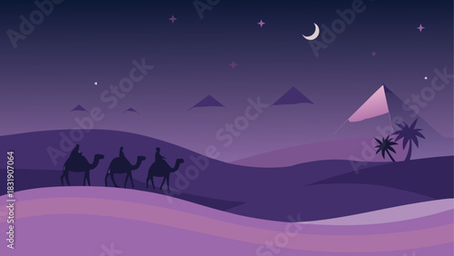 Camels crossing desert with pyramids at night