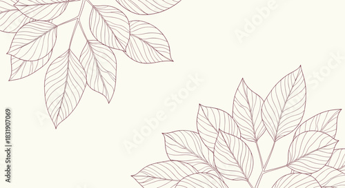Minimalist and elegant background with hand-drawn brown line art leaves in the corners, leaving ample copy space in the center.