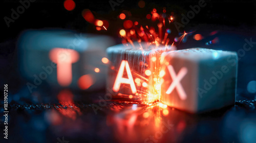 Wooden blocks spelling TAX struck by sparks and glowing orange light, representing financial pressure, regulation, and economic stress