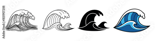 Set of four ocean wave icons in different graphic styles including engraving, line art, silhouette, and color cartoon