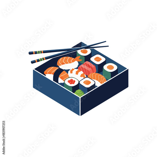 Illustration of a sushi bento box filled with various types of sushi rolls and nigiri, accompanied by chopsticks, presented in a square container.
