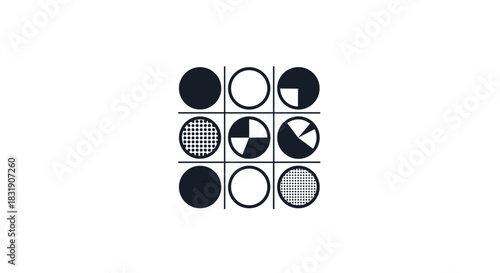 Minimalist design of a tic-tac-toe grid filled with various black and white circle patterns and shapes on white background.