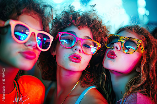 AI Generated - Three young women wearing colorful sunglasses and posing for a photo in front of a blurred background. Commercial illustration artwork. Illustration. High-resolution. High-res.