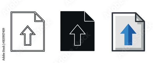 Set of three upload file icons in different styles including line art, solid glyph, and color flat design, representing data transfer and submission,